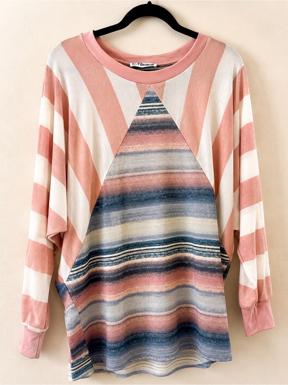MACARON Pink Striped Raglan Pullover with Multicolor Front Panel